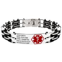 Tioneer Stainless Steel Medical Alert ID Badge Black Rubber Accent Biker Link Bracelet, Customized