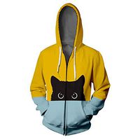 HIRIRI Couple Shirts Zipper Jacket Tops Hoodie Cat Print Color Block Long Sleeve Hoodie Hip Hop Blouse Coat Light Blue