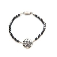 Silver Sand Dollar Black Magnetic Therapy Bracelet (Size Small - 7")