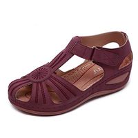 Clearance! Swiusd Leather Flat Sandals Comfy Hollow Breathable Retro Sandals Vintage Non Slip Peep Toe Sticker Beach Shoes (Wine, US 12)
