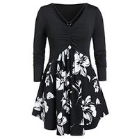HNTDG Plus Size Blouses for Women Floral Printed Tunics Shirts V-Neck Long Sleeve Ruched Tops Blouse Black