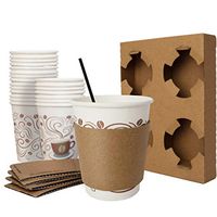 |100 SET| Piccolo Energetic Disposable Coffee Paper Cups 8oz With, Sleeves, Straws, Reusable Drink Holders. Spill-Free Insulated Cups with Extra Thickness. Perfect Tea Cups To Go, Office or Parties