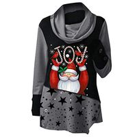 HNTDG Plus Size Christmas Tops for Women Santa Claus Print Color Block Sweatshirt High Collar Blouse T-Shirt Gray