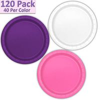 120 Paper Dessert Plates (7") - White, Deep Purple, Hot Pink - 40 Per Color, 3 Colors - Great Assortment for Birthday Parties, Weddings, Holidays, Baby Shower, Celebrations, and more