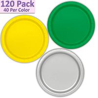 120 Paper Dessert Plates (7") - Emerald Green, Neon Yellow, Silver - 40 Per Color, 3 Colors - Great Assortment for Birthday Parties, Weddings, Holidays, Baby Shower, Celebrations, and more
