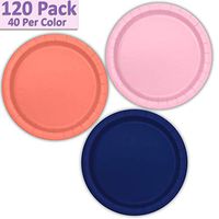 120 Paper Dessert Plates (7") - Light Pink, Coral, Navy Blue - 40 Per Color, 3 Colors - Great Assortment for Birthday Parties, Weddings, Holidays, Baby Shower, Celebrations, and more
