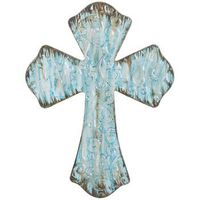 Rustic Turquoise Metal Wall Cross with Embossed Swirls