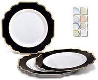 " OCCASIONS" 40 Plates Pack, Heavyweight Disposable Wedding Party Plastic Plates (8'' Appetizer/Dessert Plate, Imperial in White/Black & Gold)
