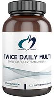 Designs for Health Twice Daily Multi - Iron-Free Adult Multivitamin Supplement with Active Folate Quatrefolic+ Chelated Minerals - Vitamins A, B6, C, D, E, and K, Riboflavin, Thiamin (120 Capsules)