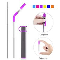 Reusable Collapsible Straw, Portable Stainless Steel Drinking Straw with Case, Straw Tip and Cleaning Brush for Travel, Party, Outdoor and Home Use (Grey Case Purple Tip)