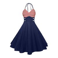 Fanteecy Womens Vintage American Flag Sleeveless V Neck Flare Evening Party Prom Swing Midi Dress (L, Navy)