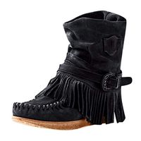 Theoylos Women's Retro Middle Tube Roman Calf Boots Flat Bottom Short Boots Outdoor Army Booties Fringe Western Shoes Black