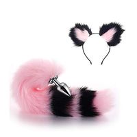 2Pcs Furry Wolf Tail & Headband Ears SetParty Toys Role Play B-ü-t-t P-l-ǔ-g Tail+ Ears Headband(Black Pink)-M