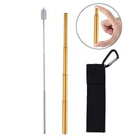 Foldable Telescopic Drinking Straw Stainless Steel, BuyGo Gold Reusable Metal Straw with Collapsible Cleaning Brush and Portable Bag