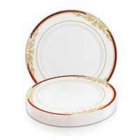 Elegant Disposable Plastic Dessert Plates 120 Pcs - 7.5" Heavy Duty Fancy White with Burgundy & Gold Appetizer Plates - Bulk Reusable Salad Cake Plates For Wedding, Easter, Birthday & All Occasions