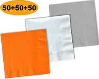 150 Beverage Napkins, Pumpkin Orange, Bright White, Shimmering Silver - 50 Each Color. 2 Ply Paper Cocktail Napkins. 5" folded, 10" unfolded.