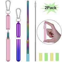 Collapsible Reusable Straws Stainless Steel, Telescopic Metal Straws Drinking Straw with Portable Travel Case, Keychain, Cleaning Brush, Silicone Tips, 2 Pack (Rosegold & Purpleblue)