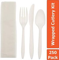 Disposable Plastic Cutlery Set 250-Pack Individually Wrapped Utensil Kit – Silverware Set Includes: Fork, Knife, Tea Spoon, Napkin – Perfect M/W Flatware Set for Events, Lunches, Restaurants, Picnics