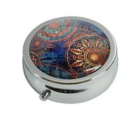 XingBoo Custom New Hot Round Silver Medicine Tablet Pocket Travel Pill Case Vitamin Glass Decorative Box (Blue Flower)