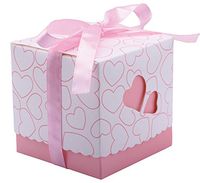 DriewWedding Set of 50 Wedding Bridal Favor Gift Candy Boxes Case, Hollow Heart Shape Wrap Boxs Bag with Ribbon Party Table Decor Kit Treat Box Chocolate Candy Wrappers Holders (Pink/ 3"x3"x3")