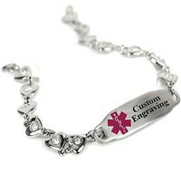 My Identity Doctor Custom Engraved Medical Bracelet 316L Stainless Steel Hearts, Round 2mm Cubic Zirconia - Wrist Size 5.5 Inch
