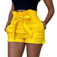 Fudule Fashion Shorts for Women Plus Size Sexy Summer Hollow Out Pants Ladies Casual High Waist Short Pants with Belt Yellow