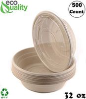500 Count - EcoQuality 32oz Round Disposable Bowls with Lids Natural Sugarcane Bagasse Bamboo Fibers Sturdy Compostable Eco Friendly Environmental Paper Plastic Bowl Alternative Tree Free