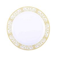 BalsaCircle 30 pcs 10-Inch White with Gold Lace Trim Plastic Round Plates - Disposable Wedding Party Catering Tableware