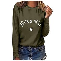 Willow S Tops for Women Casual Rock ROLL Print Round Neck Long Sleeve T-Shirt Green