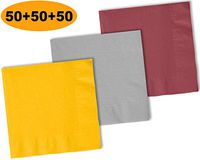 150 Beverage Napkins, Sunshine Yellow, Shimmering Silver, Burgundy - 50 Each Color. 2 Ply Paper Cocktail Napkins. 5" folded, 10" unfolded.