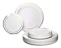 " OCCASIONS" 120 plates Pack 60 Guest Wedding Party Disposable Plastic Plates Set - 60 x 9'' Luncheon + 60 x 6.25'' Dessert plates - (White w/Gold Rim)