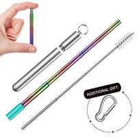 Reusable Metal Collapsible Straws - Portable Stainless Steel Rainbow Drinking Straw with Travel aluminum Case & Cleaning Brush & Keychain & Silicon Tips for Adults and Kids