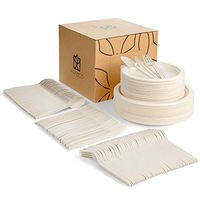 Biodegradable, Compostable Plates and Utensils, 250 Pieces, Service for 50 - Eco-Friendly, Disposable Plates for Parties, Microwave and Freezer Safe - Premium, Biodegradable Dinnerware Set (White)