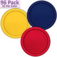 96 Paper Dinner Plates (9") - Navy Blue, Sunshine Yellow, Red - 32 Per Color, 3 Colors - Great Assortment for Birthday Parties, Weddings, Holidays, Baby Shower, Celebrations, and more