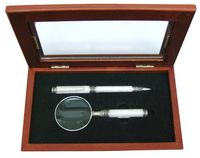 Antique White Marble Handle Ballpoint Pen and Magnifier Desk Set, Comes in a Beautiful Rosewood Gift Box (21759PMB)