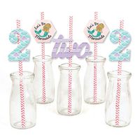 2nd Birthday Let's Be Mermaids - Paper Straw Decor - Second Birthday Party Striped Decorative Straws - Set of 24