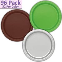 96 Paper Dinner Plates (9") - Lime Green, Brown, Silver - 32 Per Color, 3 Colors - Great Assortment for Birthday Parties, Weddings, Holidays, Baby Shower, Celebrations, and more