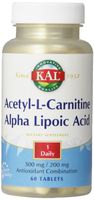 KAL Acetyl-l-Carnitine and Alpha Lipoic Acid Tablets, 500/200 mg, 60 Count