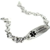 My Identity Doctor Custom Engraved Medical Bracelet 316L Stainless Steel Hearts, Round 2mm Cubic Zirconia - Wrist Size 5.5 Inch