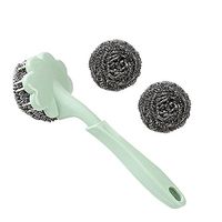 Kxtffeect Set of 1 Multipurpose Replaceable Plastic Handle and Stainless Steel Wire Scrubbers - Dish/Pot//Sink Brushes, 1 Handle and 2Pcs of Scouring/Cleaning Steel Wire Balls (Green)