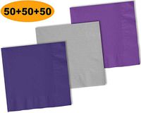150 Beverage Napkins, Grape Purple, Shimmering Silver, Amethyst - 50 Each Color. 2 Ply Paper Cocktail Napkins. 5" folded, 10" unfolded.
