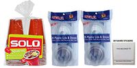SOLO Squared Red 18 Ounce Plastic Party Cups With Lids, And Straws (30 Cups Plus 30 Lids Plus 30 Straws) With Name Stickers