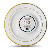 [40 Count - 9 Inch Plates] Laura Stein Designer Tableware Premium Heavyweight Plastic White Luncheon Plates With Gold Border, Party & Wedding Plate, Classic Series, Disposable Dishes