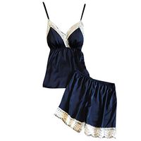 Sleepwear for Women, Lady Nightwear Underwear Sleepwear 2 Pcs Pajamas Comfy Sets Silk Lace Nightshirt Nightgown Navy