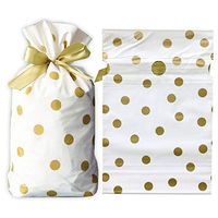 Plastic Goodie Bag 50 PCS Drawstring Gift Bags with Gold Polka Dots Gusset Bags for Packaging Cookies and Candies Multi-Purpose Treat Bag with Ribbon Tie for Party Favors