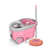 MOP Spinning and Bucket Cleaning Set with Roller Wheel Adjustable Household Pink Head3