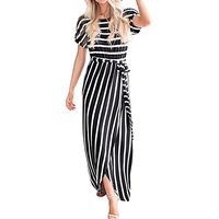 muyuhan Women's Front Slit Short Sleeve Striped Printed Crew Neck Long Maxi Dress(Black,XL)