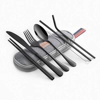 AIYAMAYA Dinnerware Set Travel Camping Cutlery Set Reusable Silverware Utensils with Spoon Fork Chopsticks Straw and Portable Case (Color : Black)