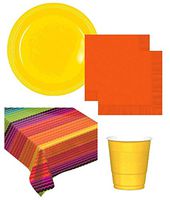 Fiesta Party Supplies Cinco De Mayo Theme Tableware Including Flannel Backed Vinyl Table cover Large Plastic Plates Napkins Cups for 20 Guests