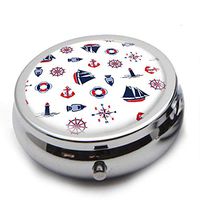 Round Stainless Steel Pill Box Case - Ship and Lighthouse Drawing Pattern- Pocket 2 inches Medicine Tablet Holder Organizer Case for Purse - Compact 3 Compartment